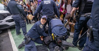 Police arrest a pro-Palestine supporter outside the New School faculty&#039;s pro-Palestinian encampment in New York City, U.S., May 9, 2024. (Reuters Photo)