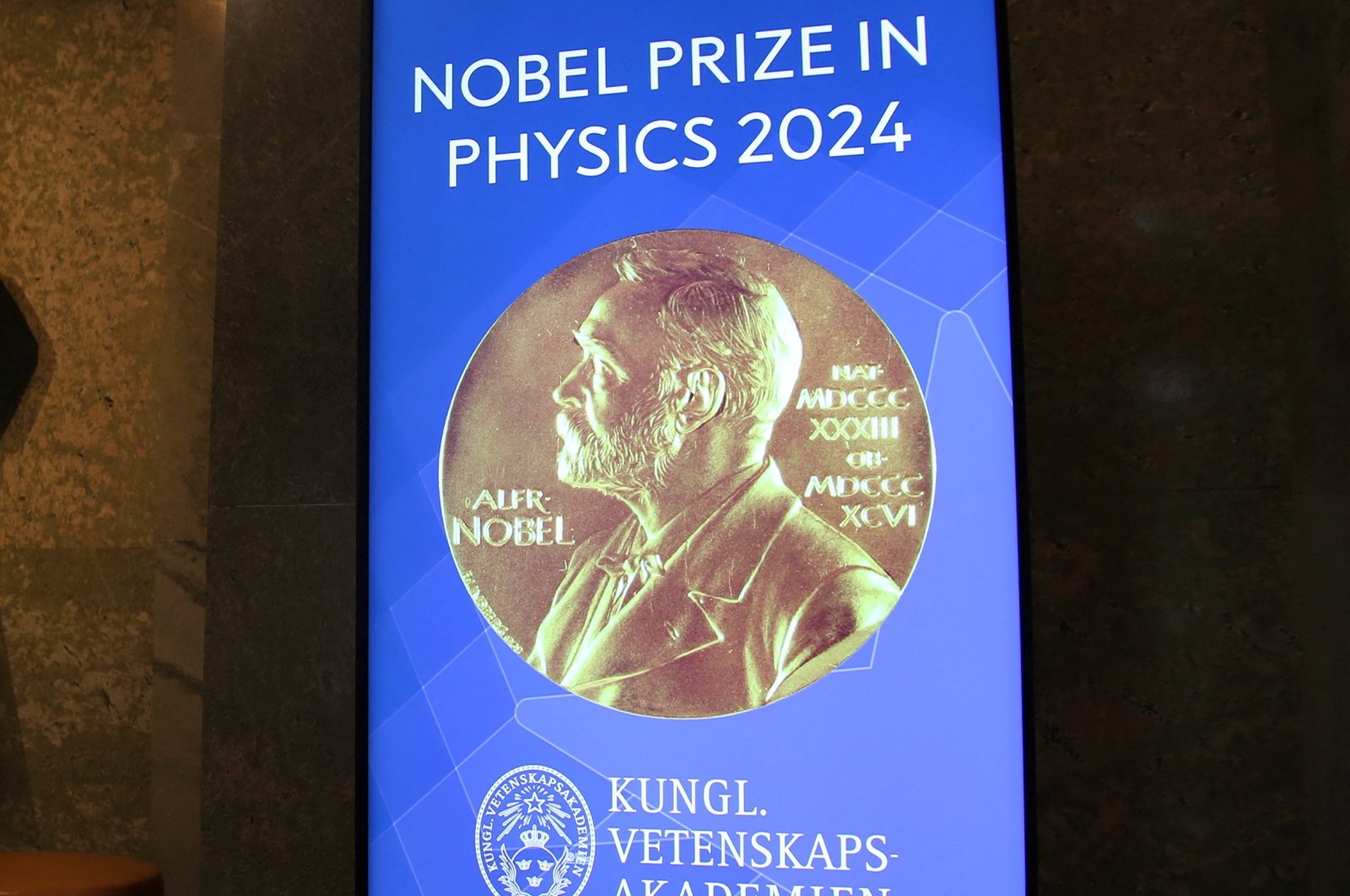 A view of the sign for the Nobel Prize in Physics in the Royal Swedish Academy of Sciences in Stockholm, Sweden, Oct. 8, 2024. (Reuters Photo)