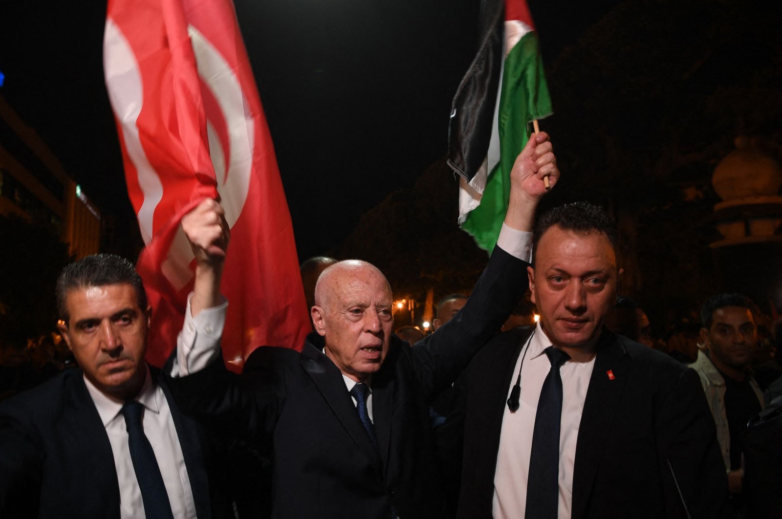 Tunisia&#039;s President Kais Saied (C) celebrates with supporters in the capital Tunis after being re-elected, Oct. 7, 2024. (AFP Photo)