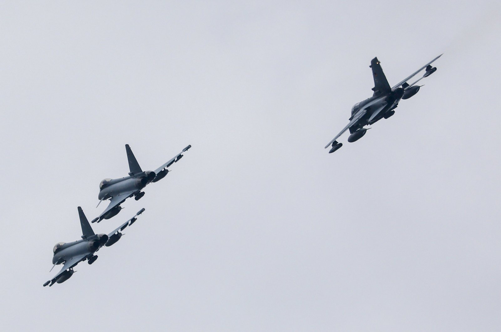 A Tornado and two Eurofighter fighter jets of the German Armed Forces seen during a visit of German Defense Minister Boris Pistorius (not pictured) to the artillery school, Idar-Oberstein, Germany, Sept. 16, 2024. (EPA Photo)