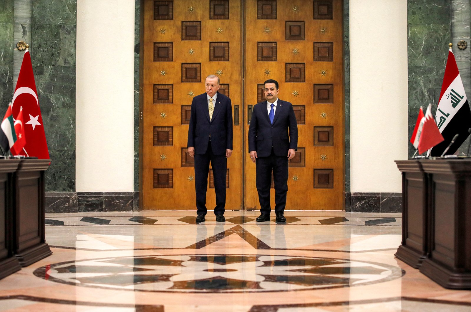 President Recep Tayyip Erdoğan and Iraq&#039;s Prime Minister Mohammed Shia Al Sudani (R) look on during the signing of the &quot;Development Road&quot; framework agreement on security, economy, and development in Baghdad, Iraq, April 22, 2024. (Reuters Photo)