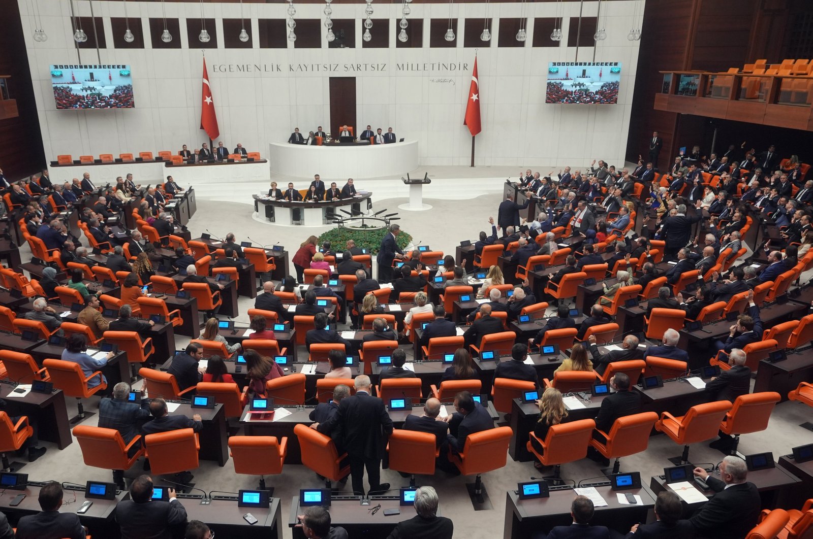 Turkish lawmakers assemble for a closed session on Israeli expansionist policies at a closed session in the capital Ankara, Türkiye, Oct. 8, 2024. (AA Photo)