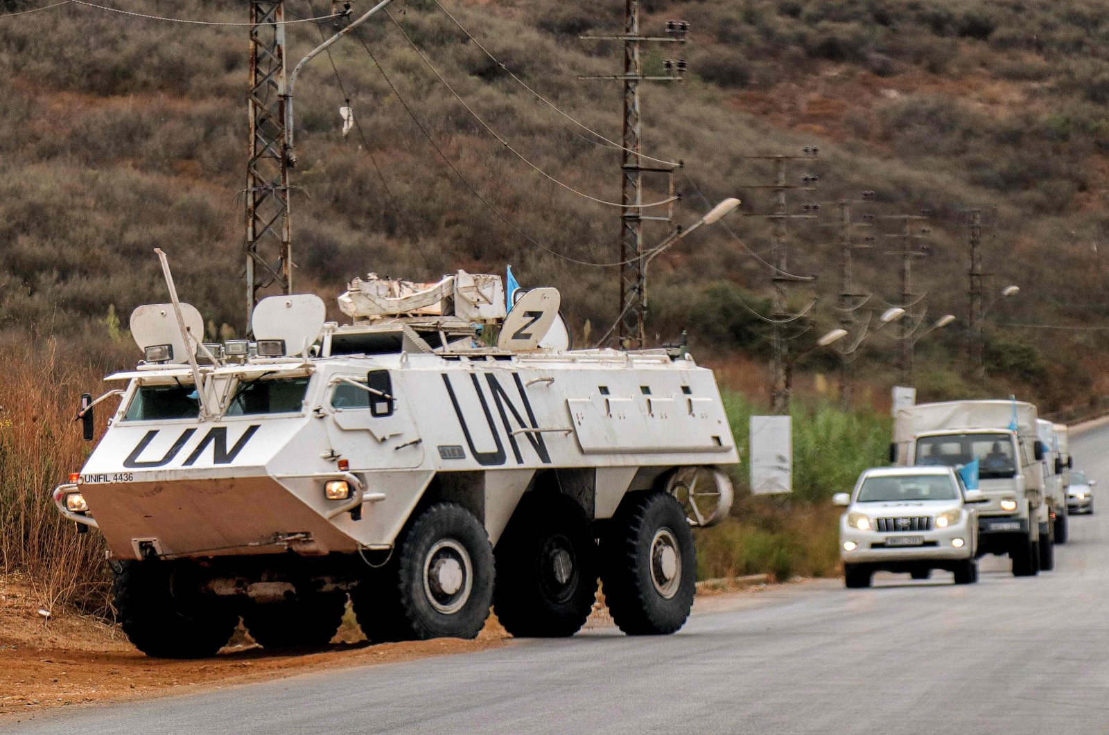 An armored personnel carrier of the United Nations Interim Force in Lebanon (UNIFIL) patrols along al-Khardali road in south Lebanon, Sept. 17, 2024. (AFP Photo)