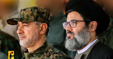 An undated photo shows slain Hezbollah top commander Ibrahim Aqil (L) and Senior Hezbollah official Hashem Safieddine at an unknown location. (AFP Photo)