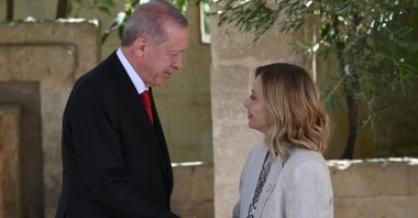 President Recep Tayyip Erdoğan is welcomed by Italian Prime Minister Giorgia Meloni at the G-7 summit, Apulia, Italy, June 14, 2024. (Getty Images)