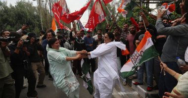 Supporters of Indian National Congress (INC) celebrate outside the counting center in Srinagar, the summer capital of India-controlled Kashmir, Oct. 8, 2024. (EPA Photo)