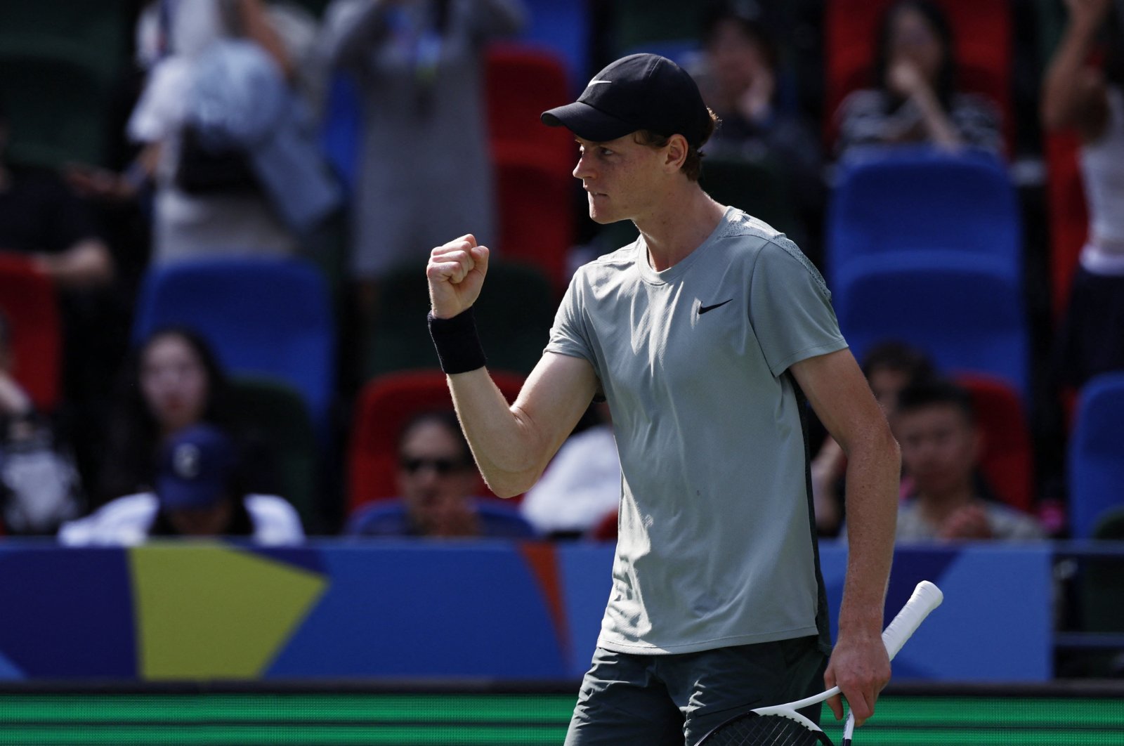 Italy&#039;s Jannik Sinner reacts during his Shanghai Masters round of 16 match against Ben Shelton at the Qizhong Forest Sports City Arena, Shanghai, China, Oct. 9, 2024. (Reuters Photo)