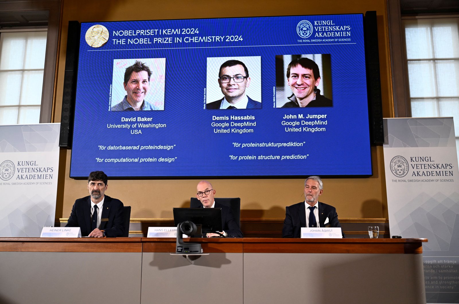 The Nobel Prize in Chemistry being announced in Stockholm, Sweden, Oct. 9, 2024. (Reuters Photo)