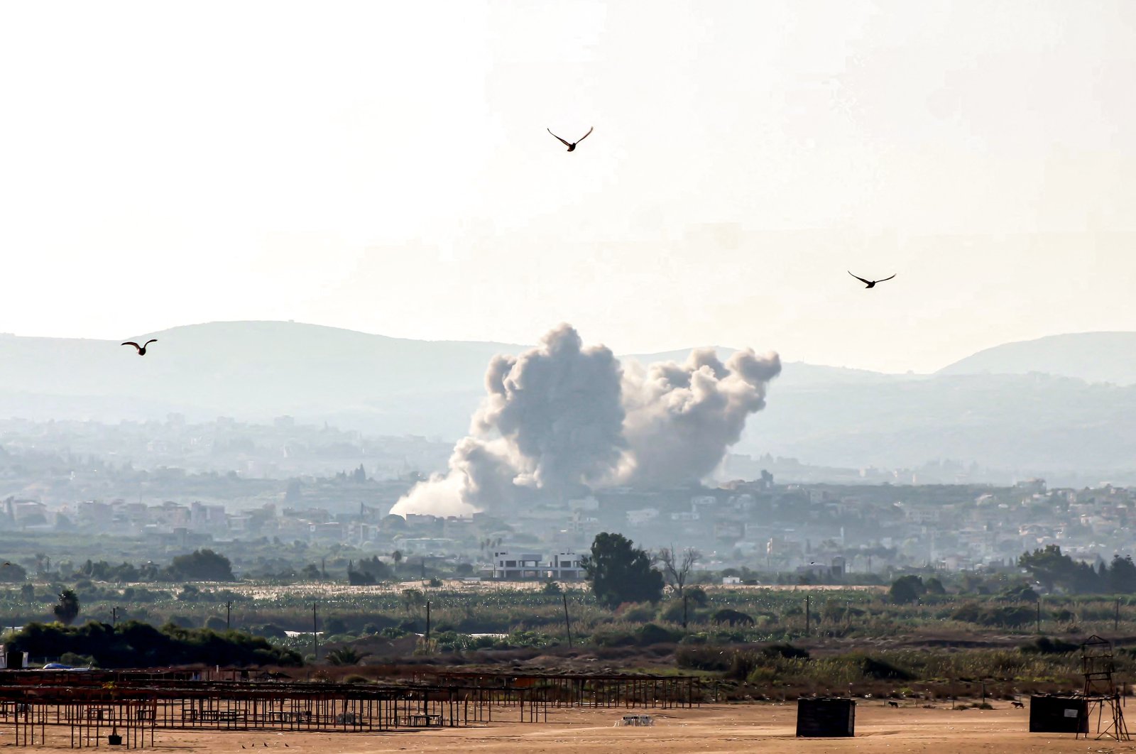 Birds fly away as a smoke cloud erupts following an Israeli airstrike on a village near the southern city of Tyre, Lebanon, Oct. 9, 2024. (AFP Photo)