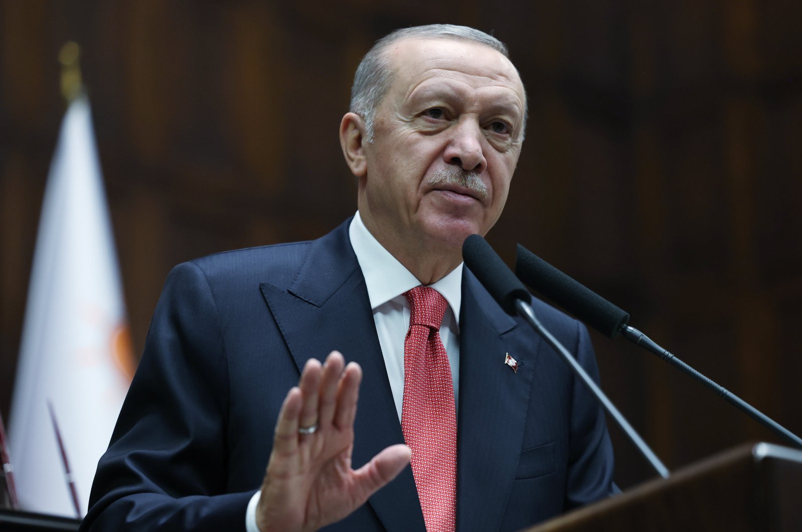 President Recep Tayyip Erdoğan speaks at AK Party&#039;s parliamentary group meeting in Ankara, Oct. 8, 2024. (AA Photo)