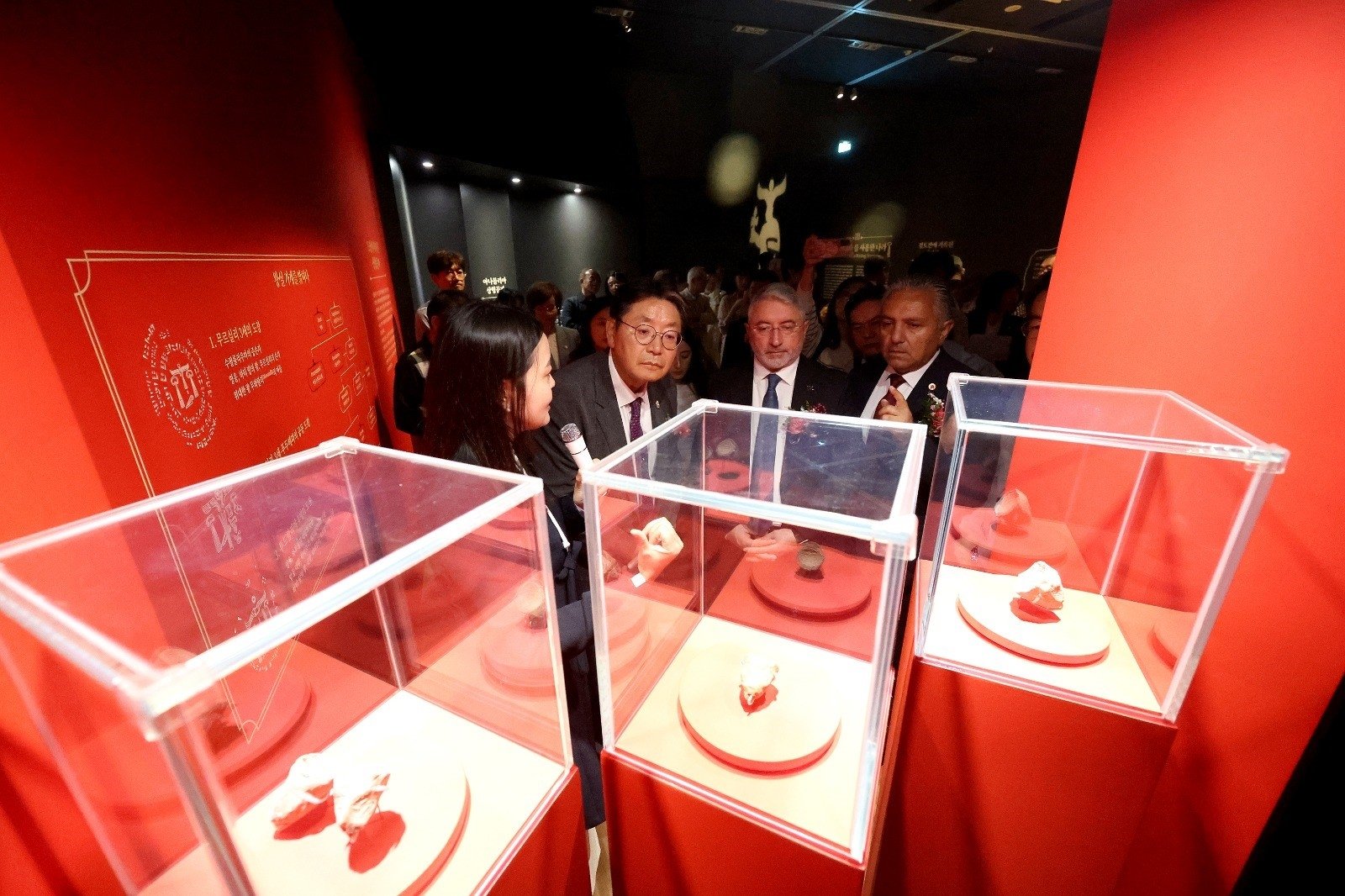 Visitors examine the artifacts from the Hittite civilization at the Gimhae National Museum, Gimhae, South Korea, Oct. 8, 2024. (IHA Photo)