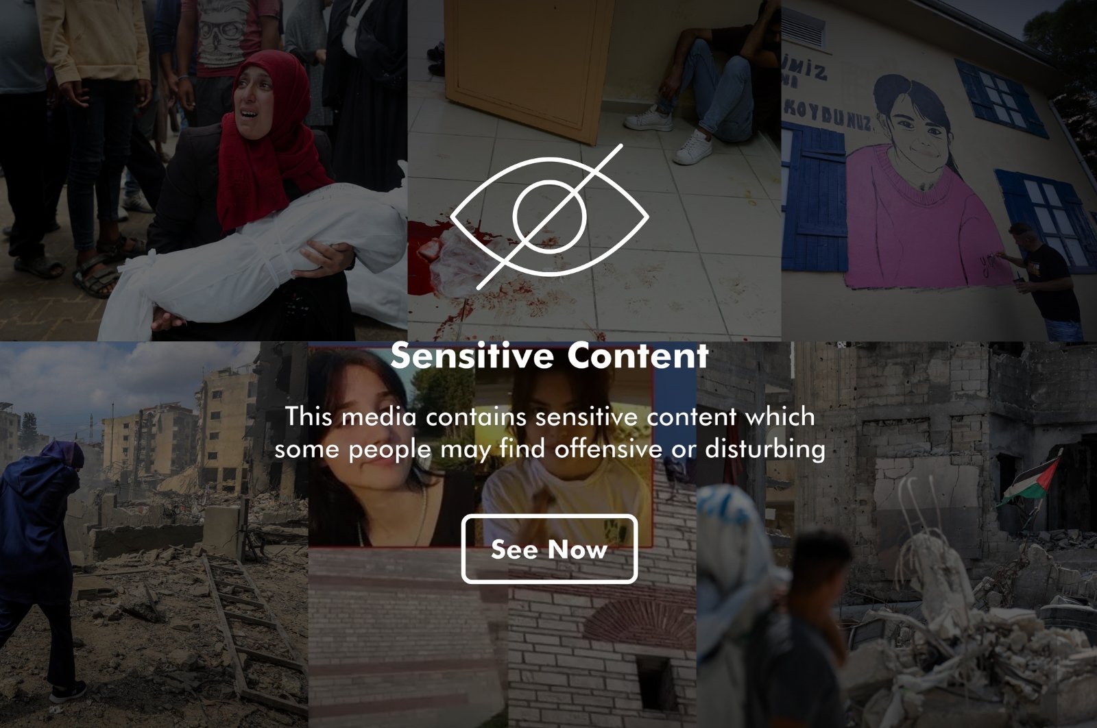 A visual depiction of global tragedies, including murder and genocide, covered in a &#039;sensitive content&#039; warning. (Photo edited by Betül Tilmaç)