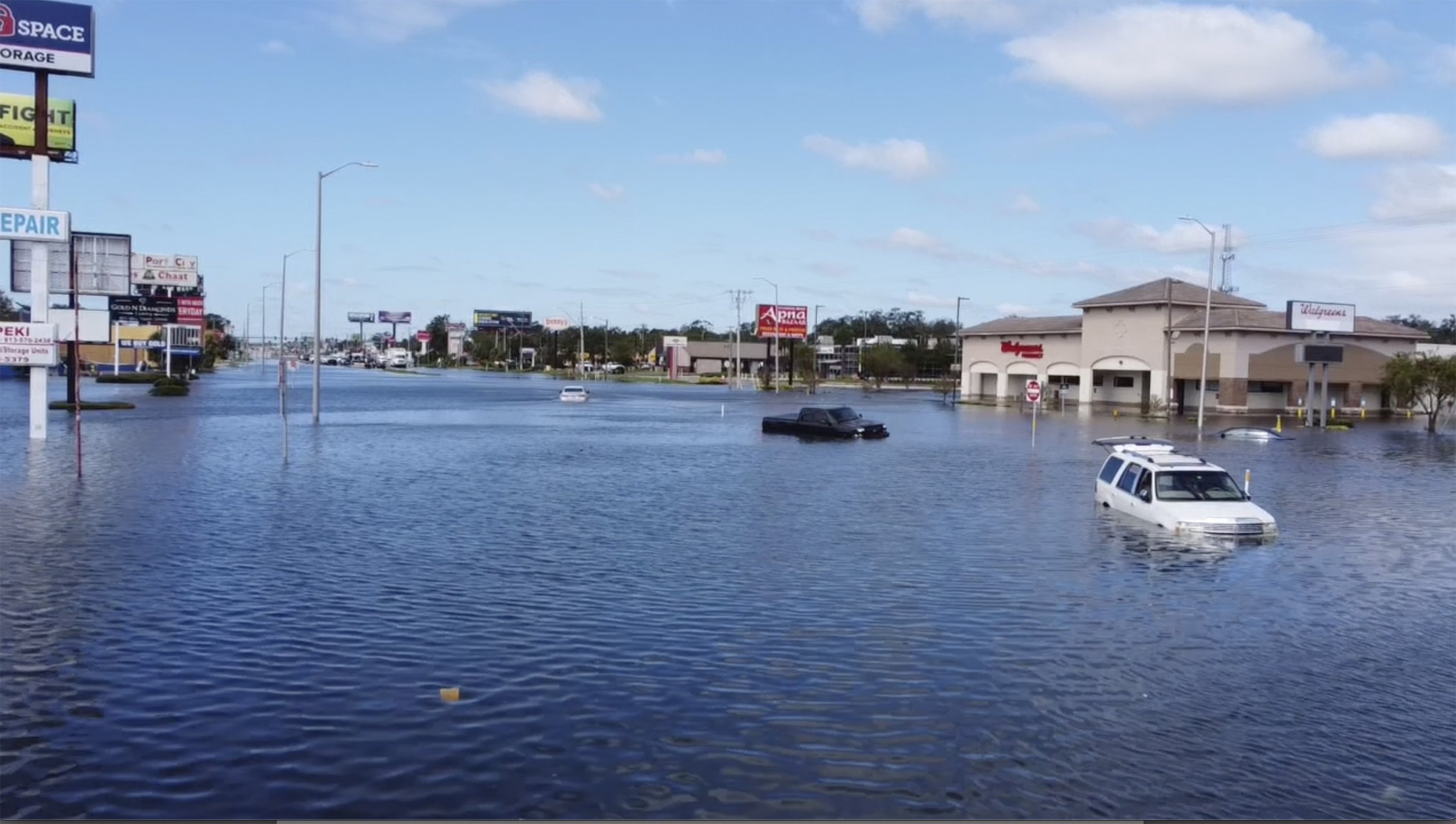 This drone image provided by Kairat Kassymbekov shows flooding from Hurricane Milton in Tampa, Florida, U.S. Oct.10, 2024. (AP Photo)