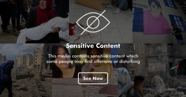 A visual depiction of global tragedies, including murder and genocide, covered in a &#039;sensitive content&#039; warning. (Photo edited by Betül Tilmaç)