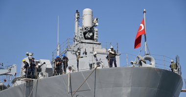 A Turkish vessel is docked at Beirut&#039;s port, as Turkish nationals wait to register for boarding Turkish naval ships to leave Lebanon, amid the ongoing hostilities between Hezbollah and Israeli forces, Beirut, Lebanon, Oct. 9, 2024. (AA Photo)