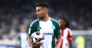 The late Panathinaikos’ Greece defender George Baldock holds the ball during the Super League Greece football match against Olympiacos at the Athens Olympic Stadium, Athens, Greece, Oct. 6, 2024. (AFP Photo)