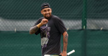 Australia&#039;s Nick Kyrgios reacts during a practice session ahead of The Championships - Wimbledon 2023 at All England Lawn Tennis and Croquet Club, London, U.K., June 30, 2023. (Getty Images Photo)