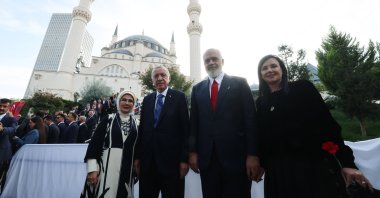 President Recep Tayyip Erdoğan and Albanian Prime Minister Edi Rama and their wives arrive at the inauguration ceremony of the Grand Mosque of Tirana, Oct. 10, 2024. (AA Photo)