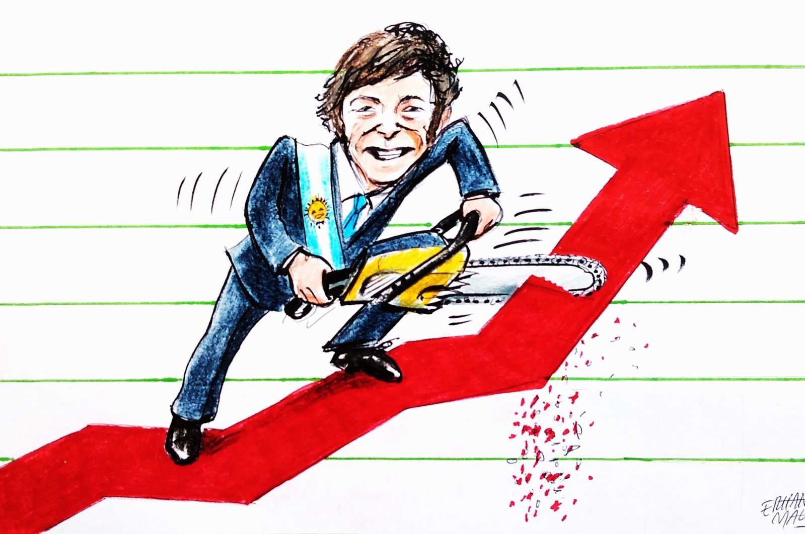 &quot;Unlike Peronist ideas accepted by his predecessor, Javier Milei cut back most of the public welfare and governmental budgets and achieved a fiscal surplus.&quot; (Illustration by Erhan Yalvaç)