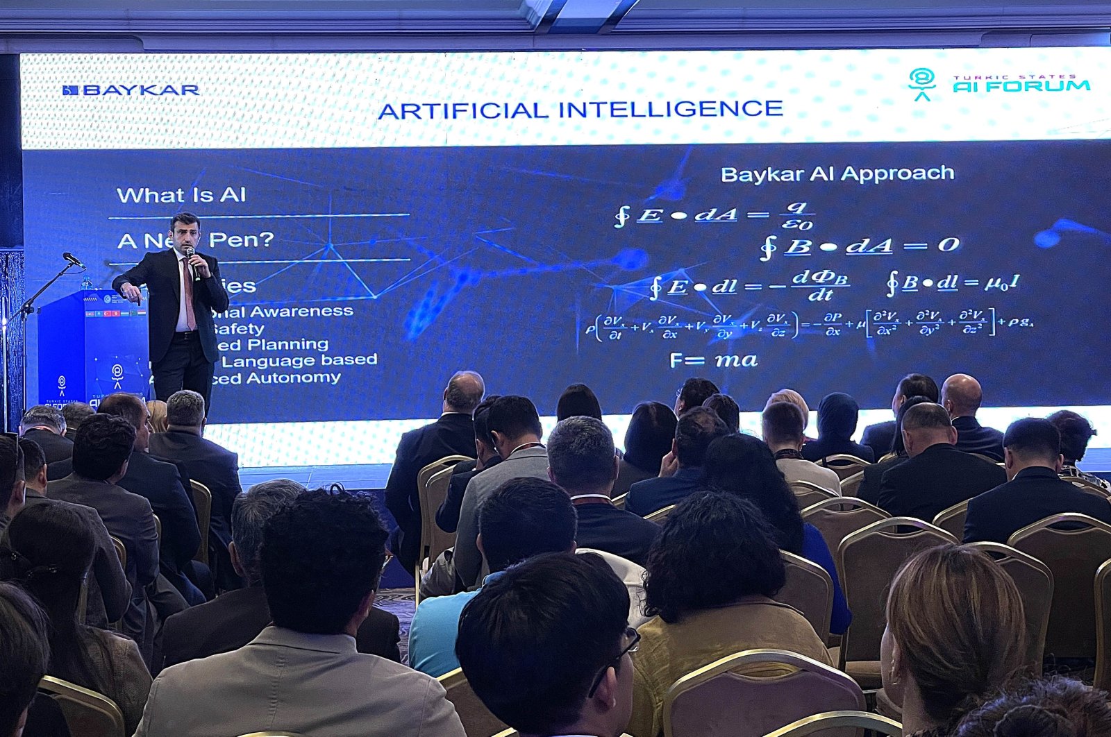 Selçuk Bayraktar delivers a keynote address at the Artificial Intelligence Forum, Bishkek, Kyrgyzstan, Oct. 9, 2024. (AA Photo)
