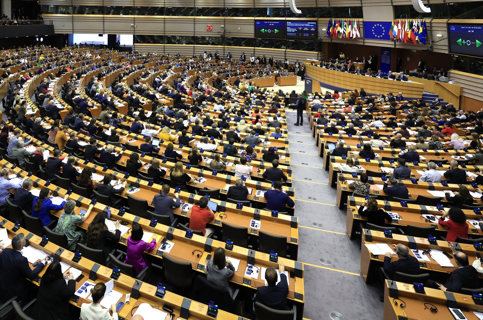 Members of the EU Parliament participate in a series of votes in Brussels, Belgium, April 10, 2024. (AP Photo)