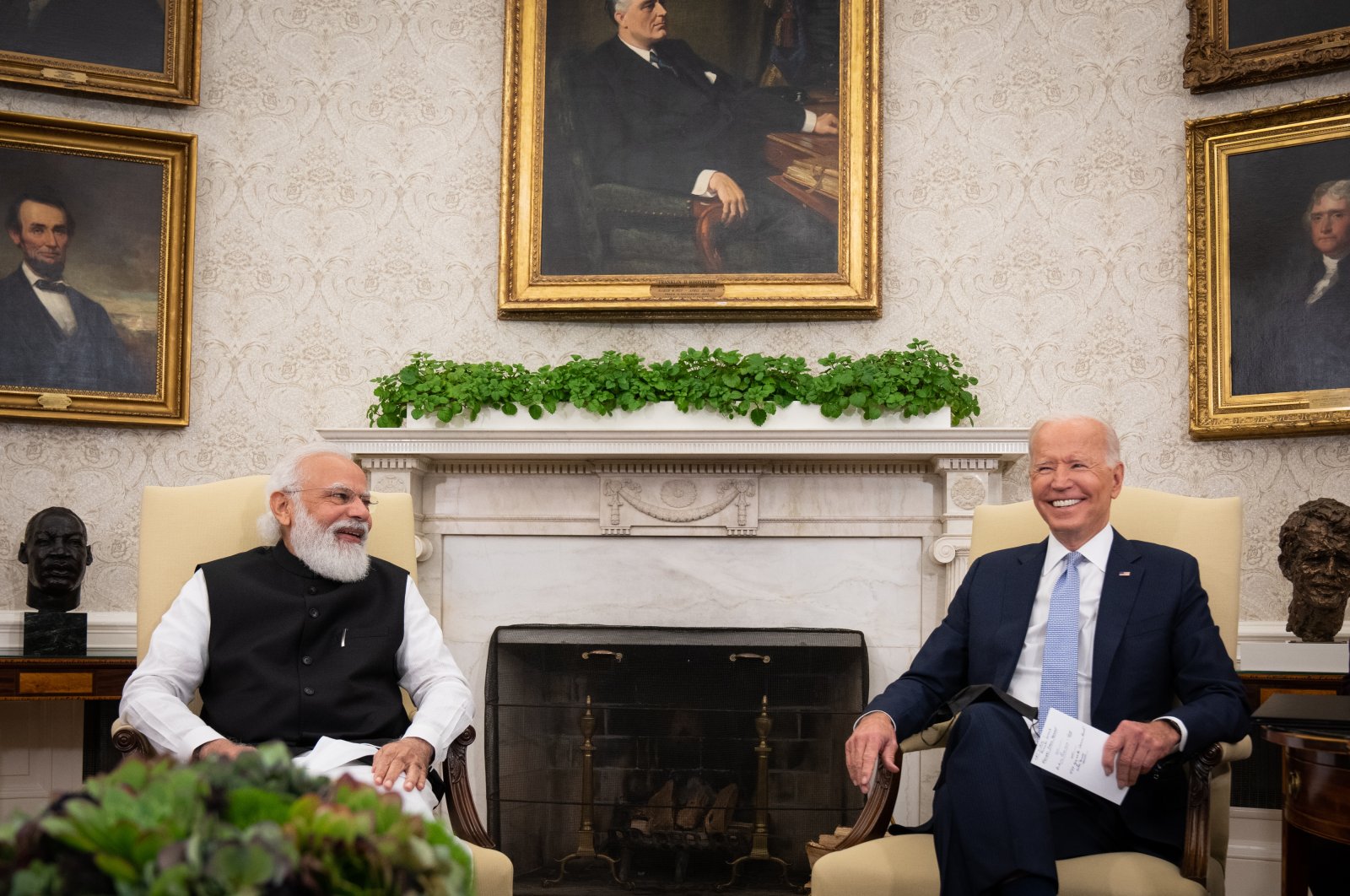 U.S. President Joe Biden (R) and Indian Prime Minister Narendra Modi smile while meeting in the Oval Office, before the meeting with the leaders of Australia, India and Japan as members of the "Quad" plan to unveil a series of initiatives, from semiconductors to vaccines, that they hope can counteract Chinese influence across the Pacific. White House, Washington, U.S., Sept. 24, 2021. (Getty Images Photo)