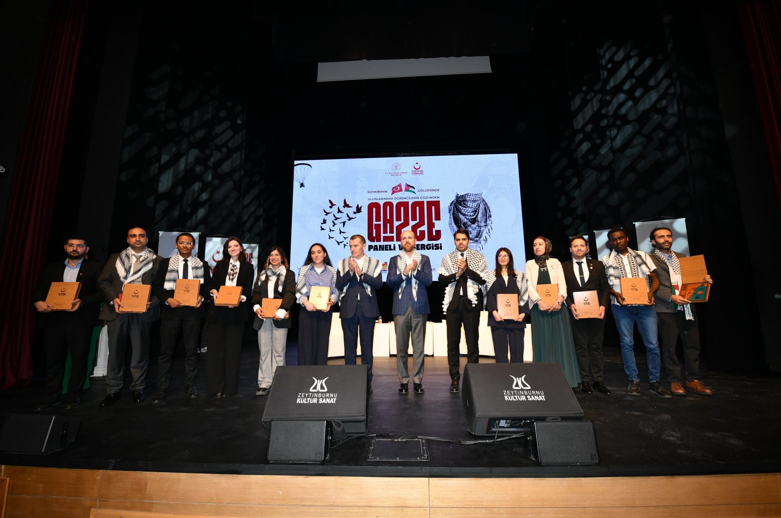 Abdullah Eren and Bilal Erdoğan award the international students who participated in the advocacy for Gaza, Istanbul, Türkiye, Oct. 9, 2024. (Courtesy of YTB)