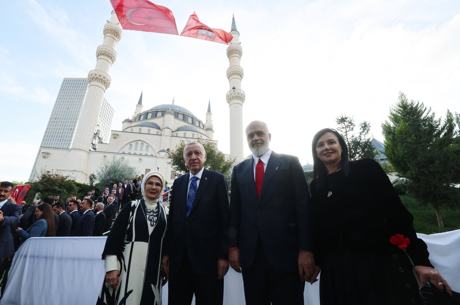 President Recep Tayyip Erdoğan and Albanian Prime Minister Edi Rama and their wives arrive at the inauguration ceremony of the Grand Mosque of Tirana, Oct. 10, 2024. (AA Photo)
