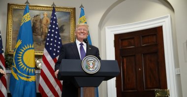 U.S. President Donald Trump delivers a statement with Kazakhstan's President Nursultan Nazarbayev in the Roosevelt Room of the White House, Washington, U.S., Jan. 16, 2018. (AP Photo)