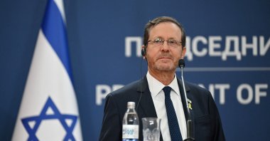 Israeli President Isaac Herzog looks on during a press conference with Serbia's President after their meeting, at the Palace of Serbia, Belgrade, Serbia, Sept. 11, 2024. (AFP Photo)