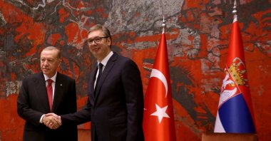 Serbian President Aleksandar Vucic and President Recep Tayyip Erdoğan shake hands ahead of their meeting, Belgrade, Serbia, Oct. 11, 2024. (EPA Photo)