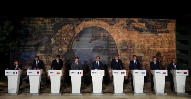 Leaders of southern European countries attend a press conference on the day of the Euro-Mediterranean Summit (EU-MED9) in a resort near Paphos, Cyprus, Oct. 11, 2024. (Reuters Photo)