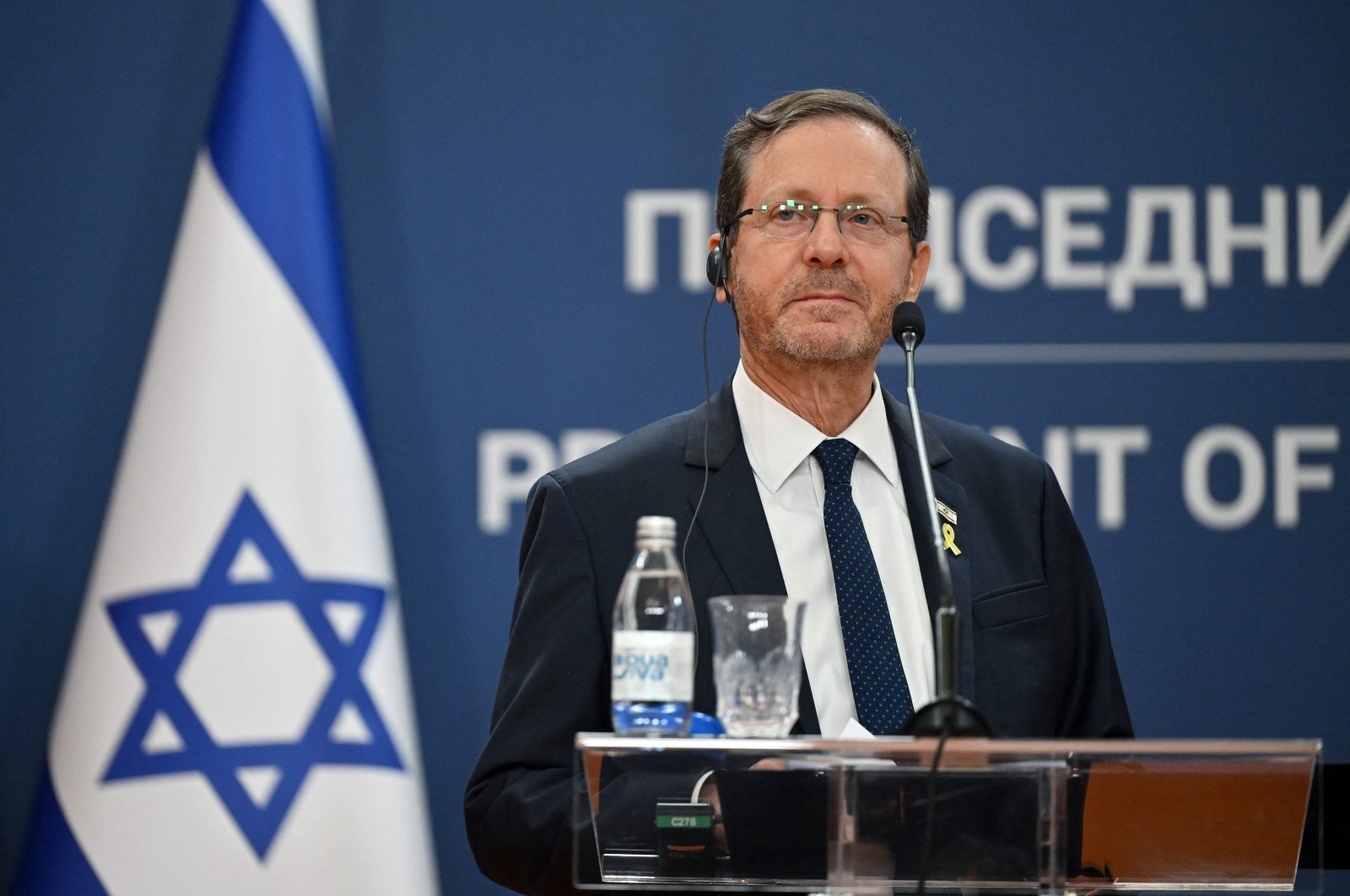 Israeli President Isaac Herzog looks on during a press conference with Serbia&#039;s President after their meeting, at the Palace of Serbia, Belgrade, Serbia, Sept. 11, 2024. (AFP Photo)