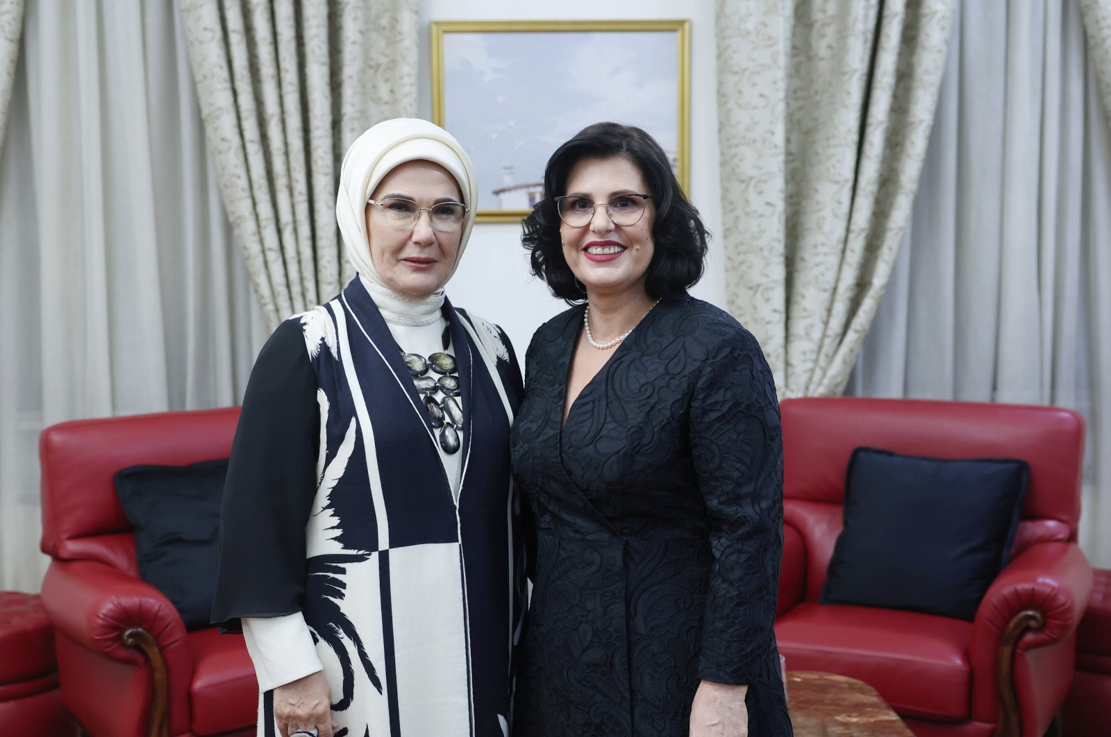 First lady Emine Erdoğan (L) meets with Armanda Begay, the wife of Albanian President Bayram Begay, Tirana, Albania, Oct. 10, 2024. (AA Photo)