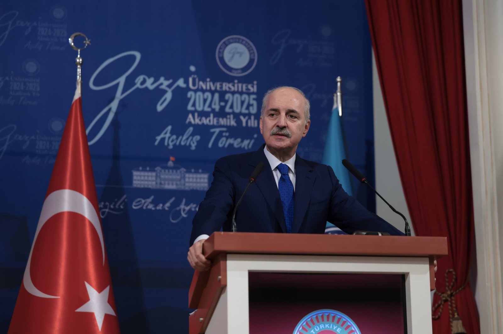 Parliament Speaker Numan Kurtulmuş speaks at an opening ceremony of the academic year at the Gazi University in the capital Ankara, Türkiye, Oct. 10, 2024. (AA Photo)