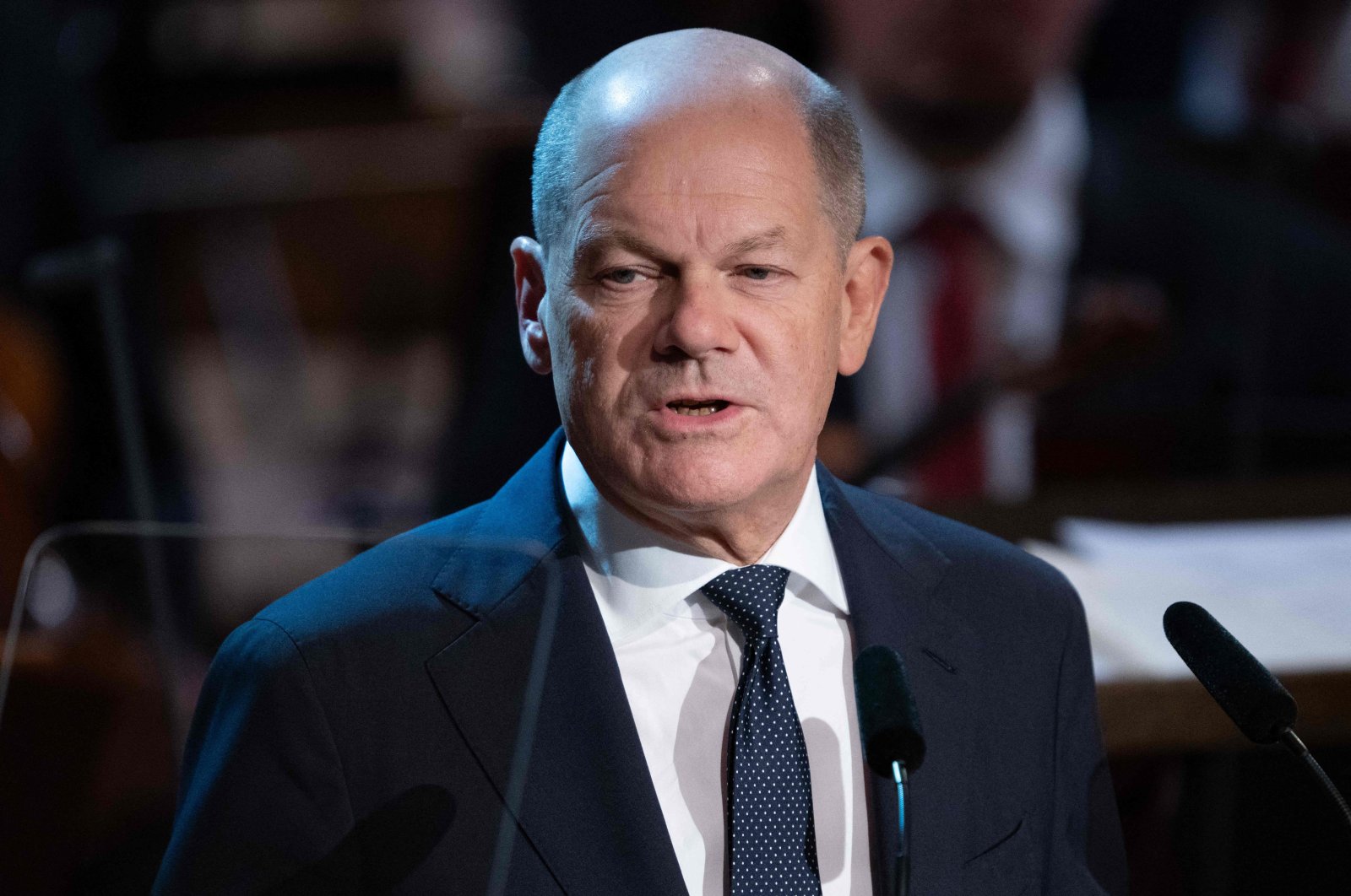 German Chancellor Olaf Scholz gives a speech in Leipzig, during an event to celebrate the 35th anniversary of the Peaceful Revolution in the former German Democratic Republic, Germany, Oct. 9, 2024. (AFP Photo)