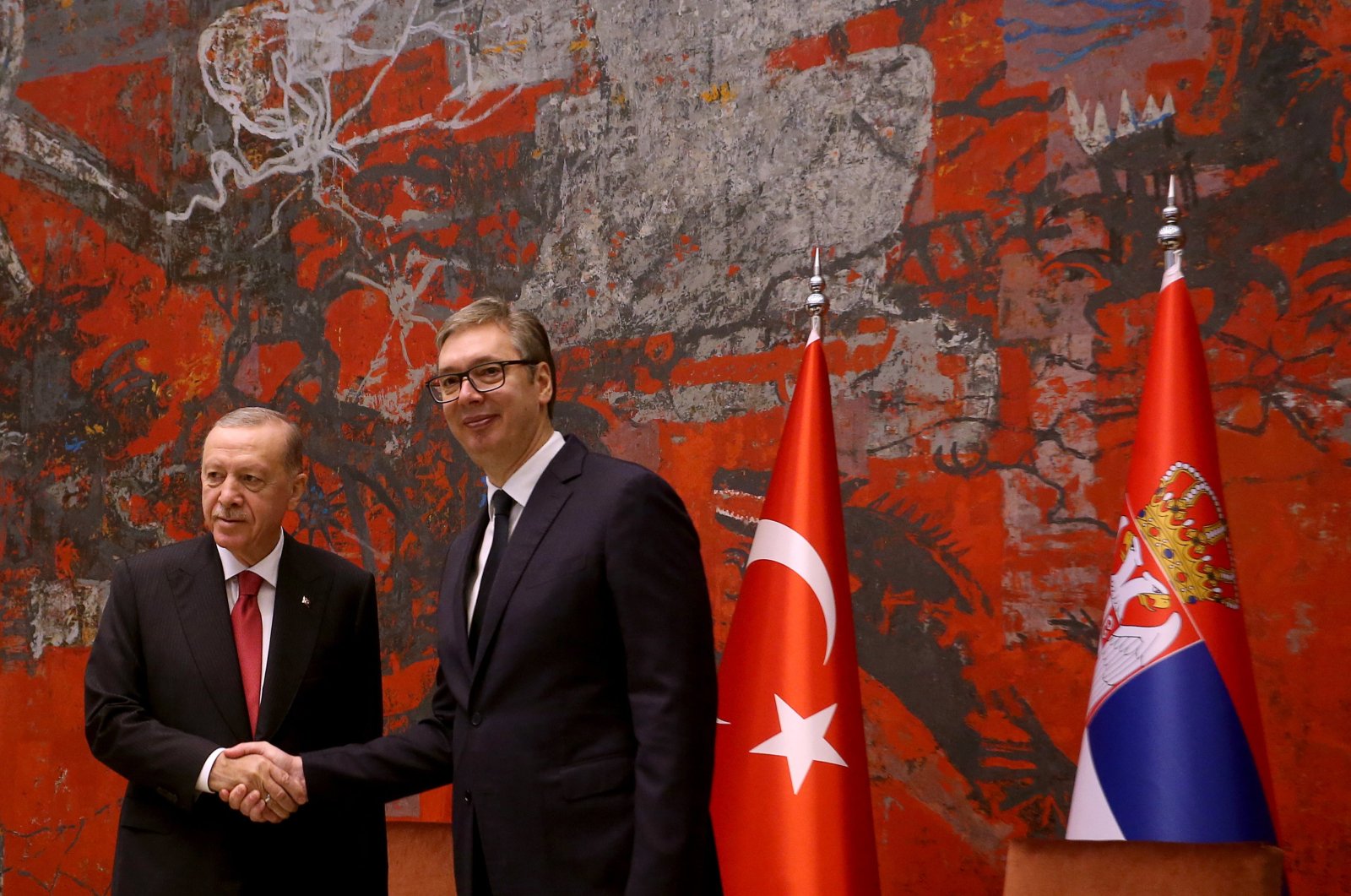 Serbian President Aleksandar Vucic and President Recep Tayyip Erdoğan shake hands ahead of their meeting, Belgrade, Serbia, Oct. 11, 2024. (EPA Photo)