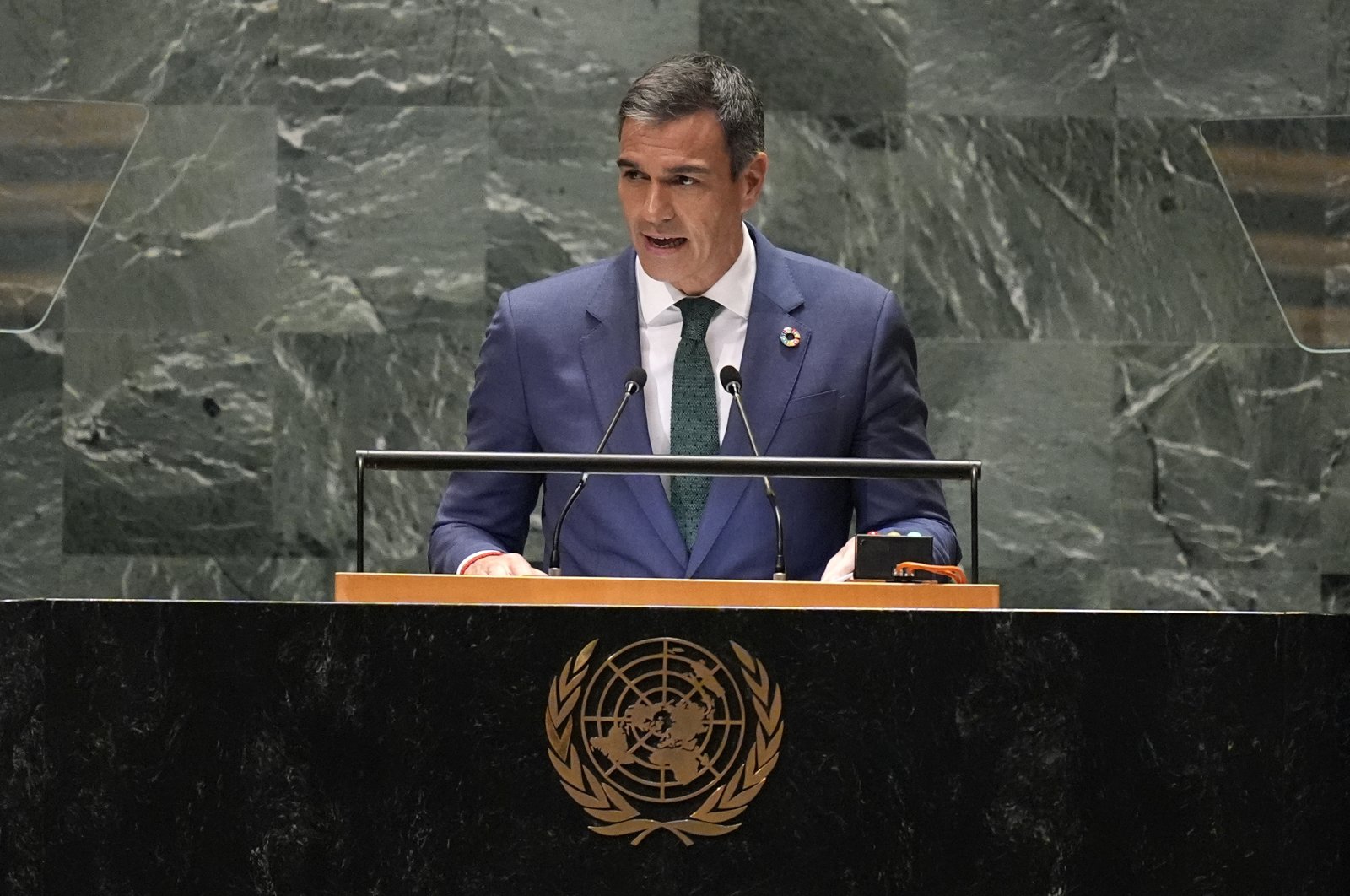 Prime Minister of Spain Pedro Sánchez addresses the 79th session of the United Nations General Assembly, Wednesday, Sept. 25, 2024. (AP File Photo)