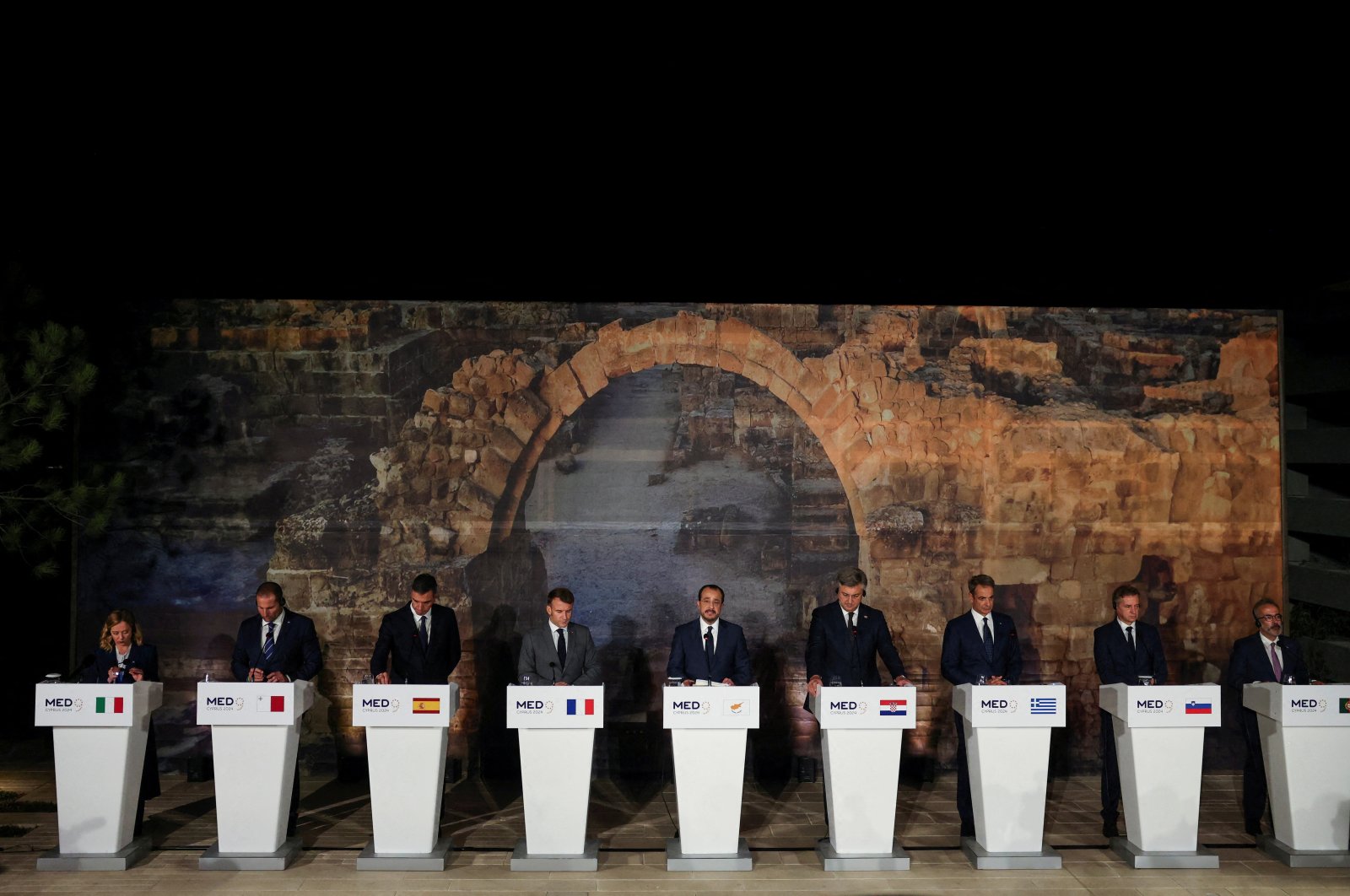 Leaders of southern European countries attend a press conference on the day of the Euro-Mediterranean Summit (EU-MED9) in a resort near Paphos, Cyprus, Oct. 11, 2024. (Reuters Photo)