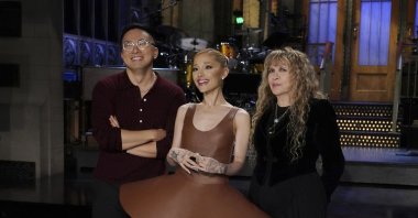 Cast member Bowen Yang (L), host Ariana Grande (C) and musical guest Stevie Nicks during promos for the upcoming &quot;Saturday Night Live&quot; broadcast in New York, U.S., Oct. 10, 2024. (NBC via AP Photo)