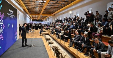 Anadolu Agency (AA) General Manager Serdar Karagöz delivers a speech at the first exhibition of the 10th year of the Istanbul Photo Awards, Istanbul, Türkiye, June 10, 2024. (AA Photo)