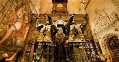 People visit the mausoleum of Christopher Columbus in the cathedral of Seville, Spain, Oct. 11, 2024. (Reuters Photo)