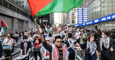 Pro-Palestinian protesters rally in support of Gaza and Lebanon in Times Square, New York City, U.S., Oct. 5, 2024. (Getty Images)