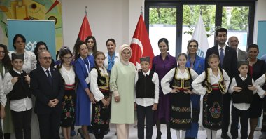 First lady Emine Erdoğan (C) meets with students at the Maarif Kindergarten, Belgrade, Serbia, Oct. 11, 2024. (AA Photo)