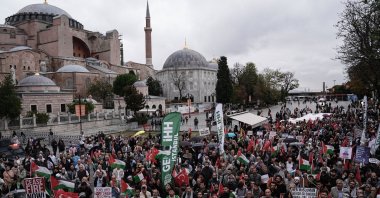Thousands gather at Bayazıt Square to support Gaza during a rally organized by the Humanitarian Relief Foundation (IHH), Istanbul, Türkiye, Oct. 12, 2024. (AA Photo)