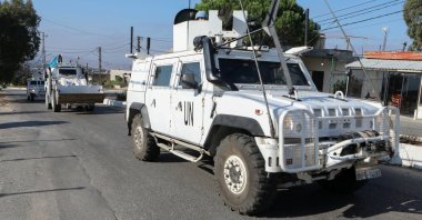 UN peacekeepers (UNIFIL) vehicles drive in Marjayoun, near the border with Israel, southern Lebanon, Oct. 11, 2024. (Reuters Photo)