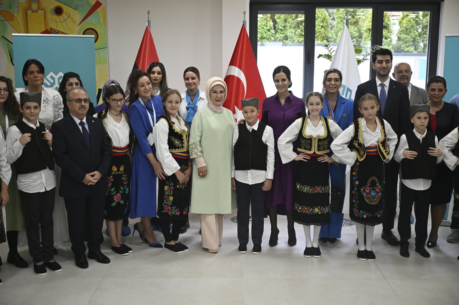 First lady Emine Erdoğan (C) meets with students at the Maarif Kindergarten, Belgrade, Serbia, Oct. 11, 2024. (AA Photo)