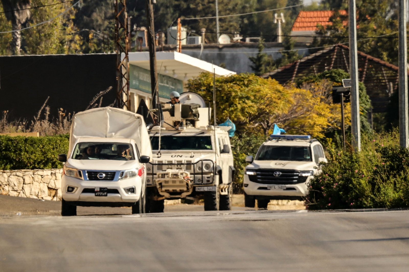 Vehicles from the United Nations Interim Force in Lebanon (UNIFIL) patrol in Marjayoun, southern Lebanon, Oct. 12, 2024. (AFP Photo) 