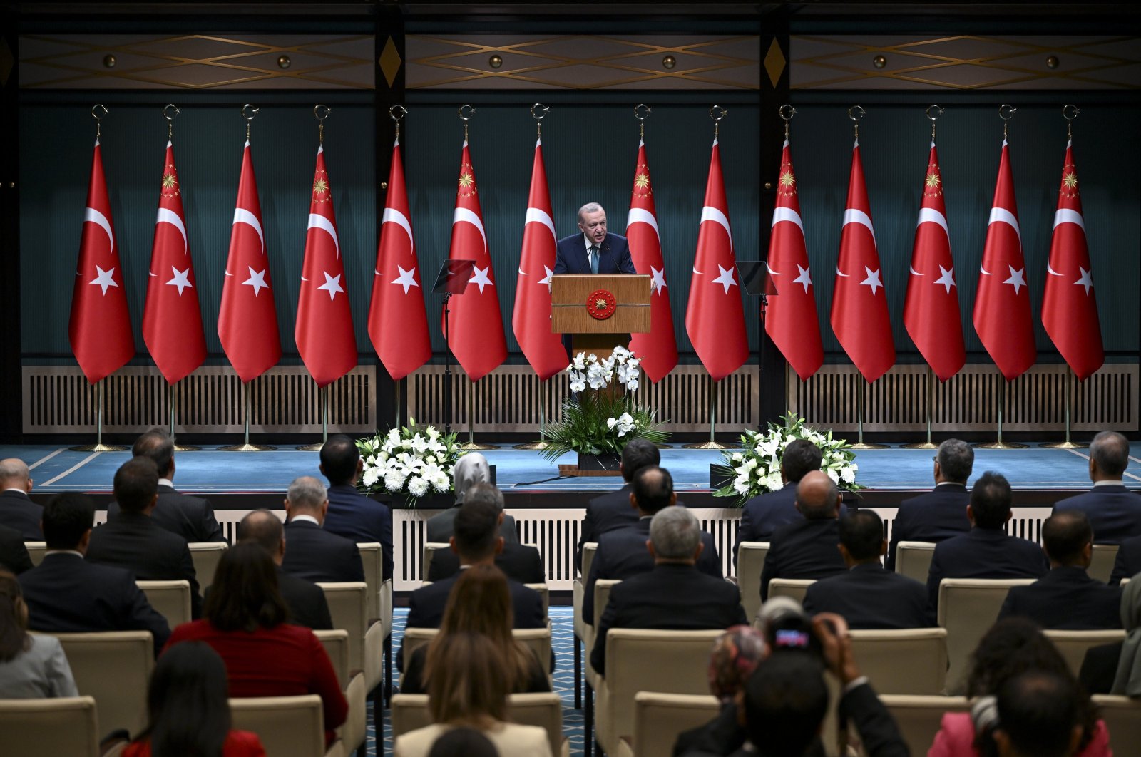 President Recep Tayyip Erdoğan speaks after a Cabinet meeting, in the capital Ankara, Türkiye, Sept. 30, 2024. (AA Photo) 