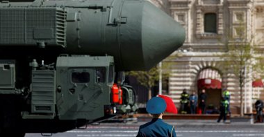 A Russian Yars intercontinental ballistic missile system drives past an honor guard during a military parade on Victory Day, which marks the 77th anniversary of the victory over Nazi Germany in World War II, in Red Square in central Moscow, Russia, May 9, 2022. (Reuters Photo)